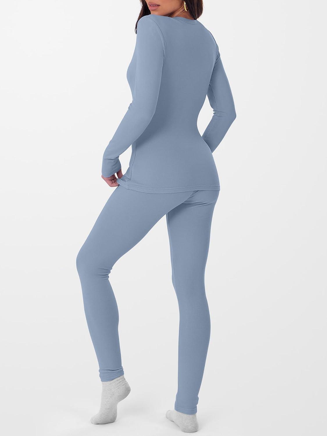 imageANRABESS Thermal Underwear for Women Long Johns Fleece Lined Base Layer Pajama Set Cold Weather Top Bottom Winter ClothingDusty Blue