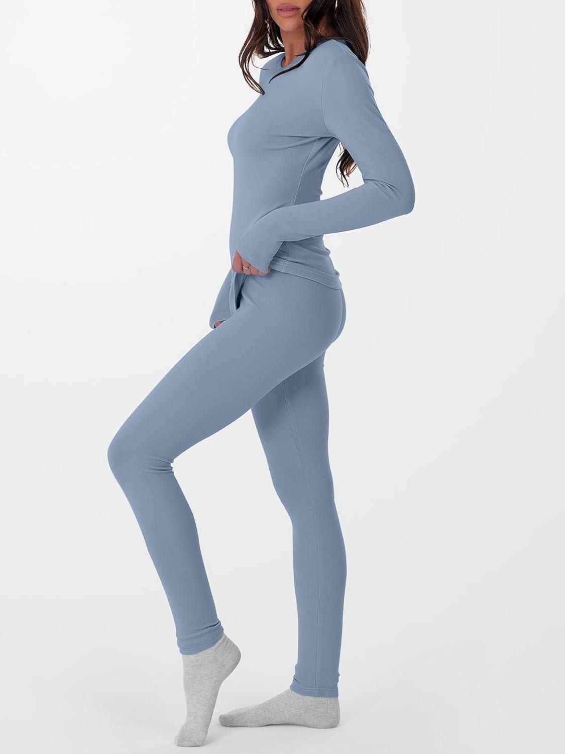 imageANRABESS Thermal Underwear for Women Long Johns Fleece Lined Base Layer Pajama Set Cold Weather Top Bottom Winter ClothingDusty Blue