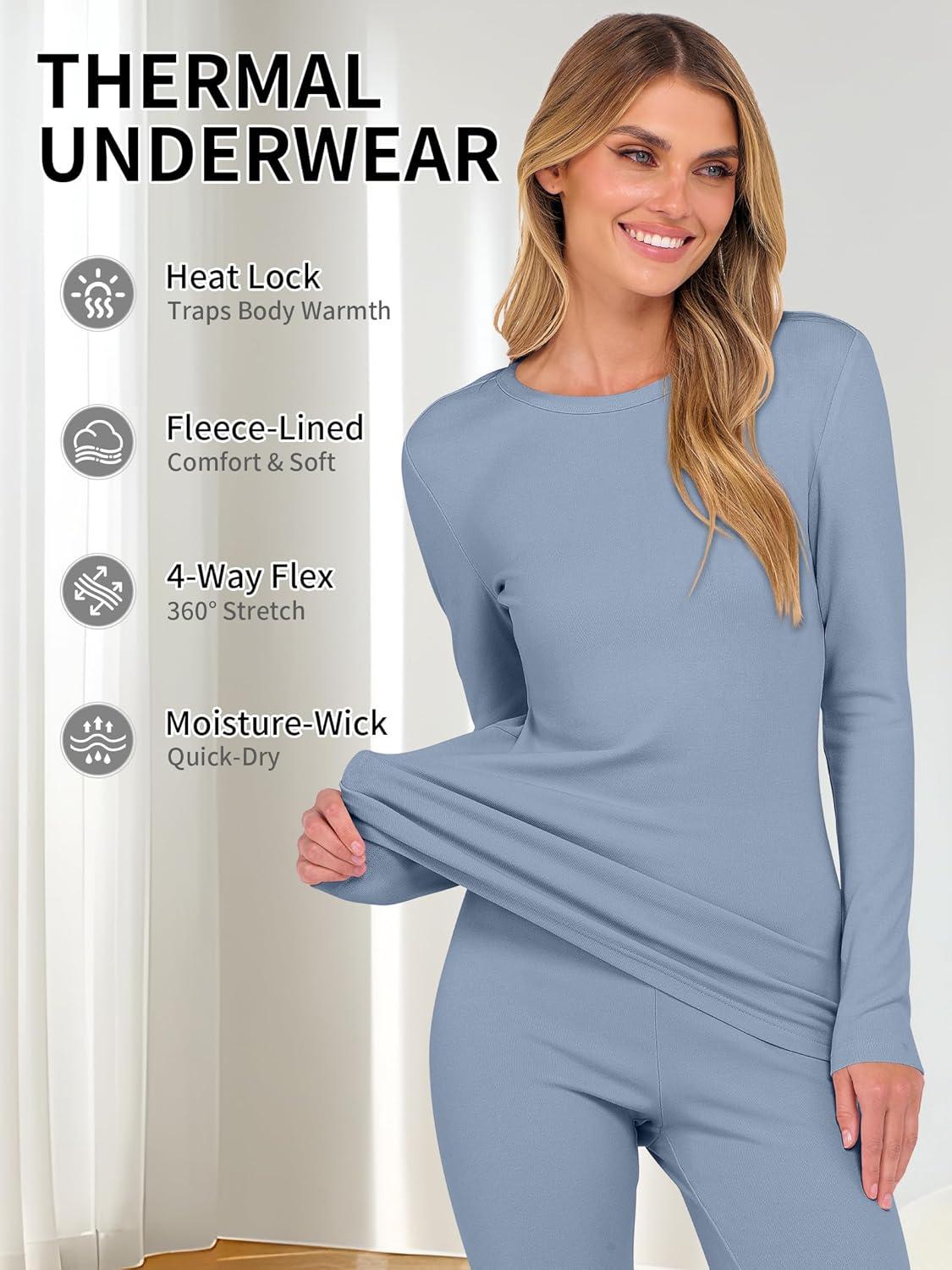 imageANRABESS Thermal Underwear for Women Long Johns Fleece Lined Base Layer Pajama Set Cold Weather Top Bottom Winter ClothingDusty Blue