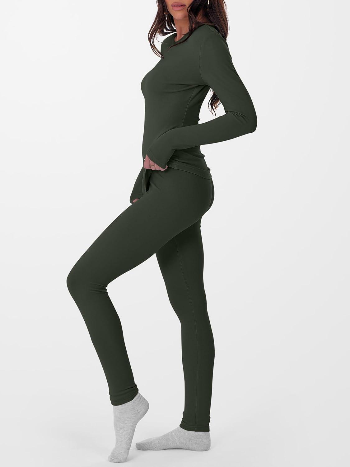 imageANRABESS Thermal Underwear for Women Long Johns Fleece Lined Base Layer Pajama Set Cold Weather Top Bottom Winter ClothingOlive Green