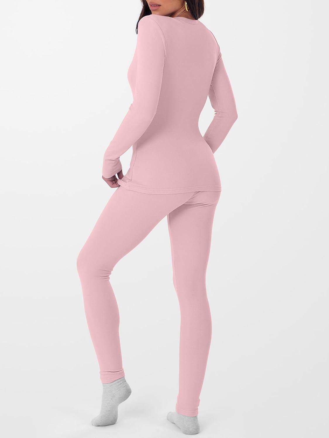 imageANRABESS Thermal Underwear for Women Long Johns Fleece Lined Base Layer Pajama Set Cold Weather Top Bottom Winter ClothingPink