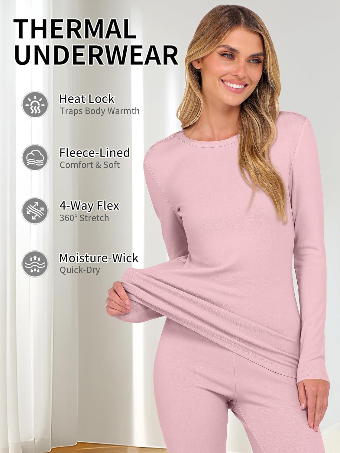 imageANRABESS Thermal Underwear for Women Long Johns Fleece Lined Base Layer Pajama Set Cold Weather Top Bottom Winter ClothingPink