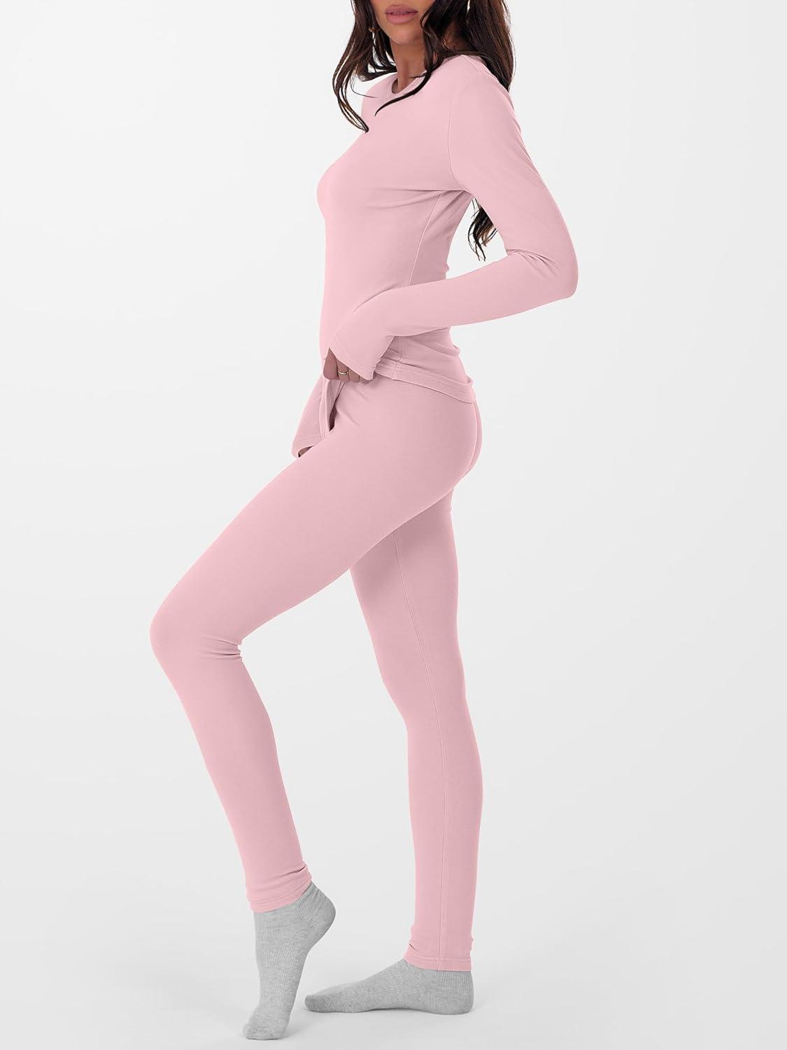 imageANRABESS Thermal Underwear for Women Long Johns Fleece Lined Base Layer Pajama Set Cold Weather Top Bottom Winter ClothingPink