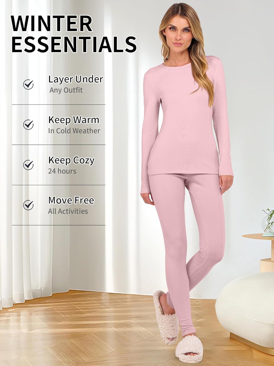 imageANRABESS Thermal Underwear for Women Long Johns Fleece Lined Base Layer Pajama Set Cold Weather Top Bottom Winter ClothingPink