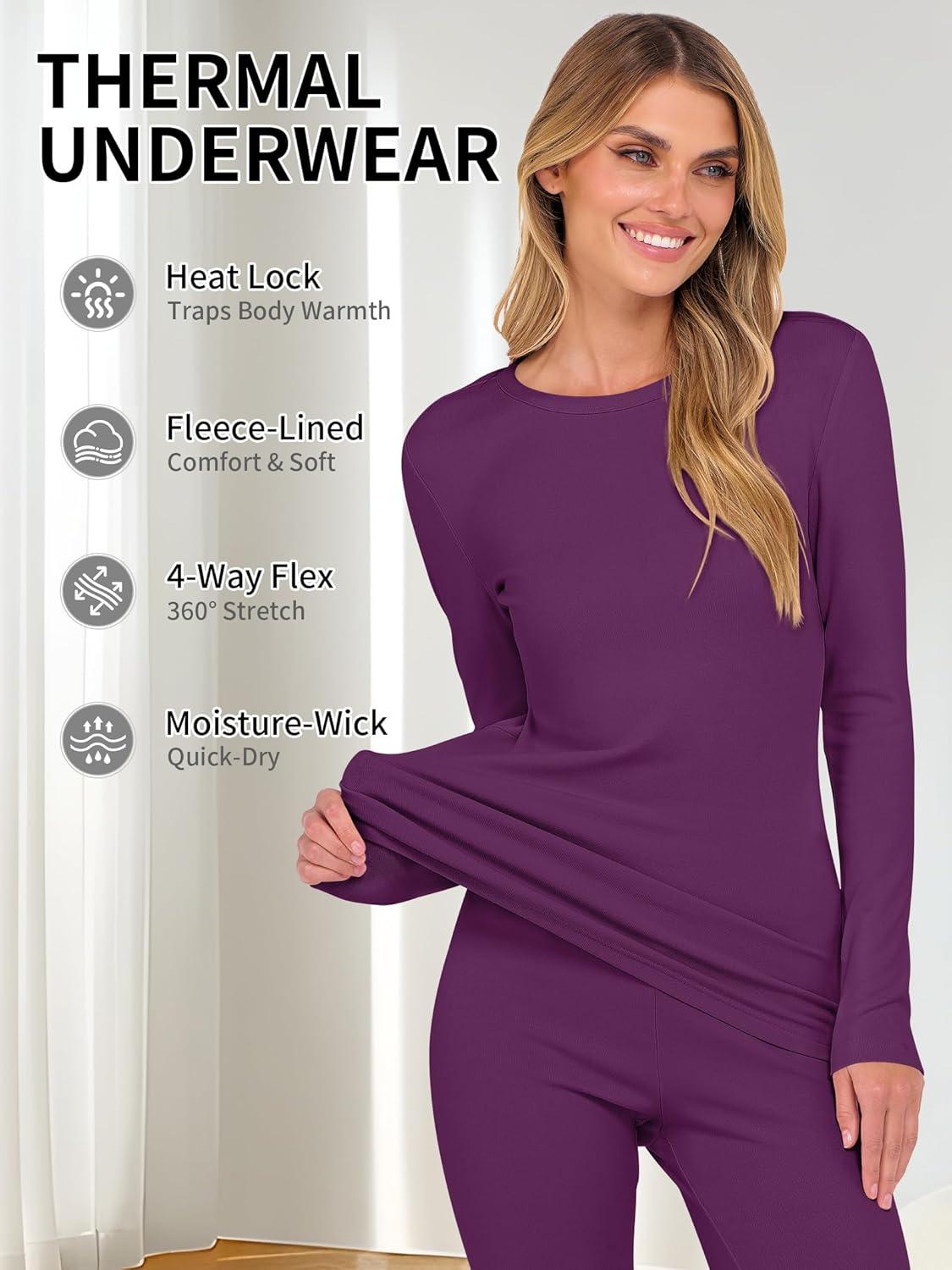 imageANRABESS Thermal Underwear for Women Long Johns Fleece Lined Base Layer Pajama Set Cold Weather Top Bottom Winter ClothingPurple