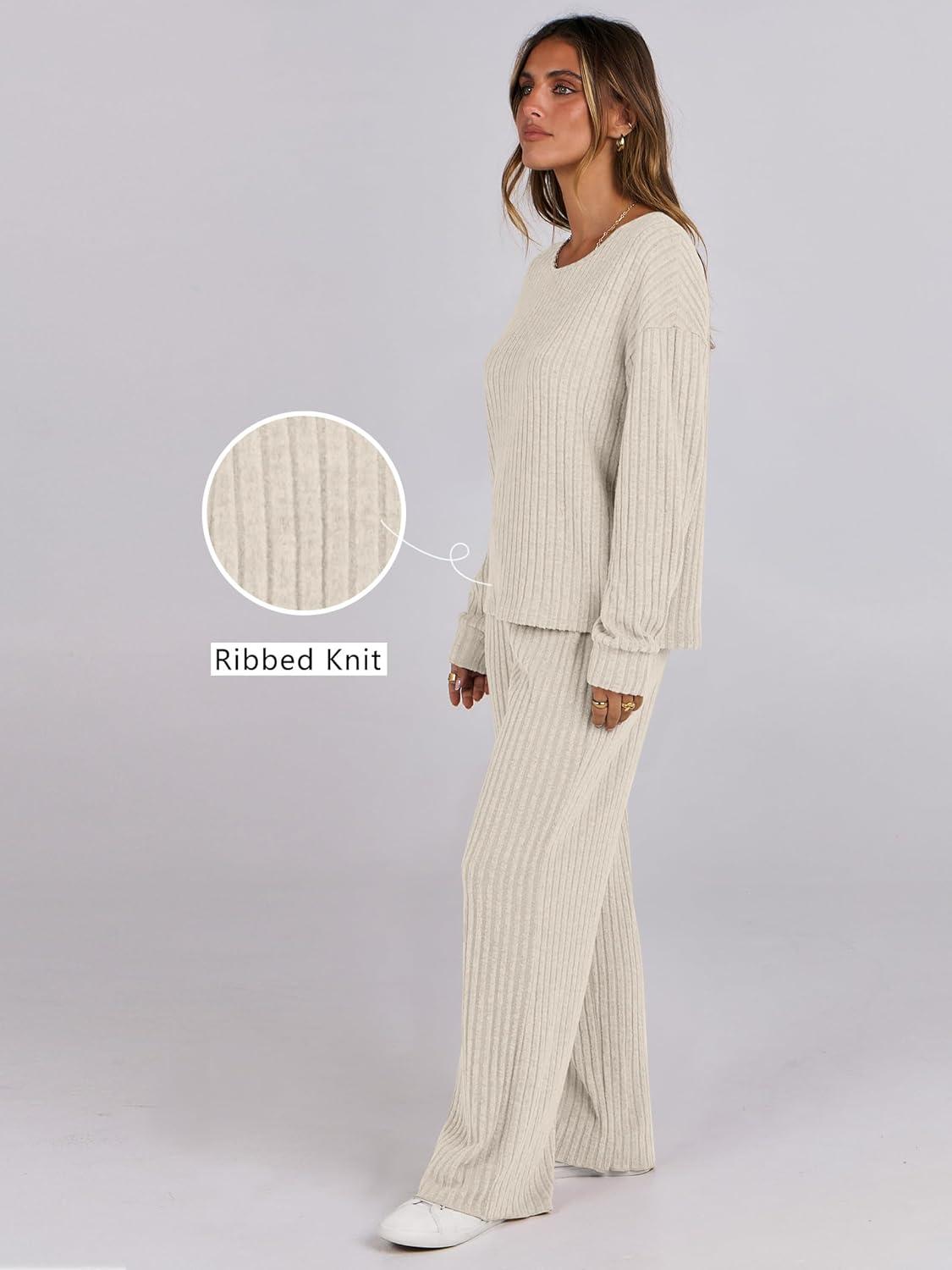 imageANRABESS Women 2 Piece Lounge Pajamas Sets Casual Ribbed Knit Long Sleeve Top Pants Matching Set 2025 Fall Outfits ClothesBeige