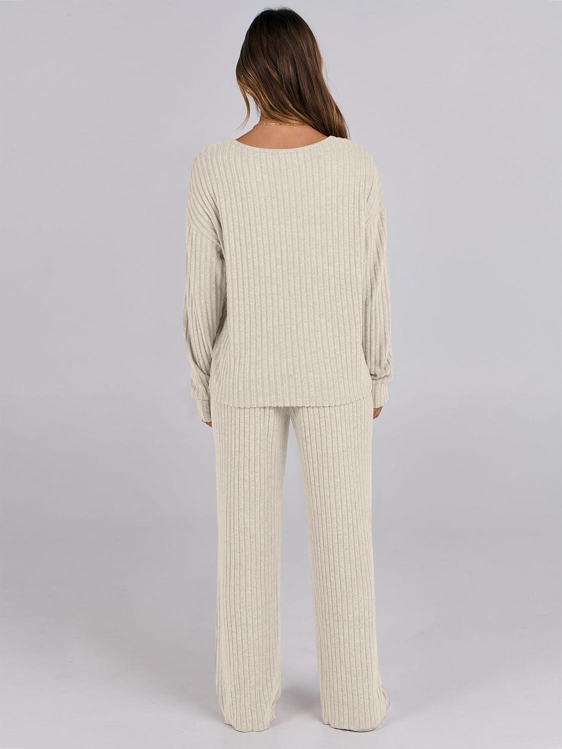 imageANRABESS Women 2 Piece Lounge Pajamas Sets Casual Ribbed Knit Long Sleeve Top Pants Matching Set 2025 Fall Outfits ClothesBeige
