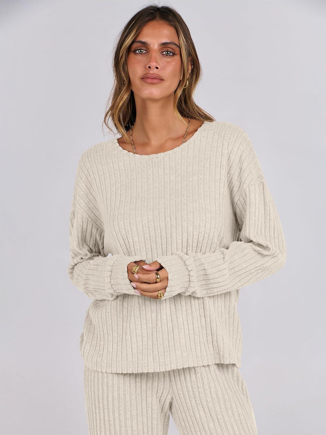 imageANRABESS Women 2 Piece Lounge Pajamas Sets Casual Ribbed Knit Long Sleeve Top Pants Matching Set 2025 Fall Outfits ClothesBeige