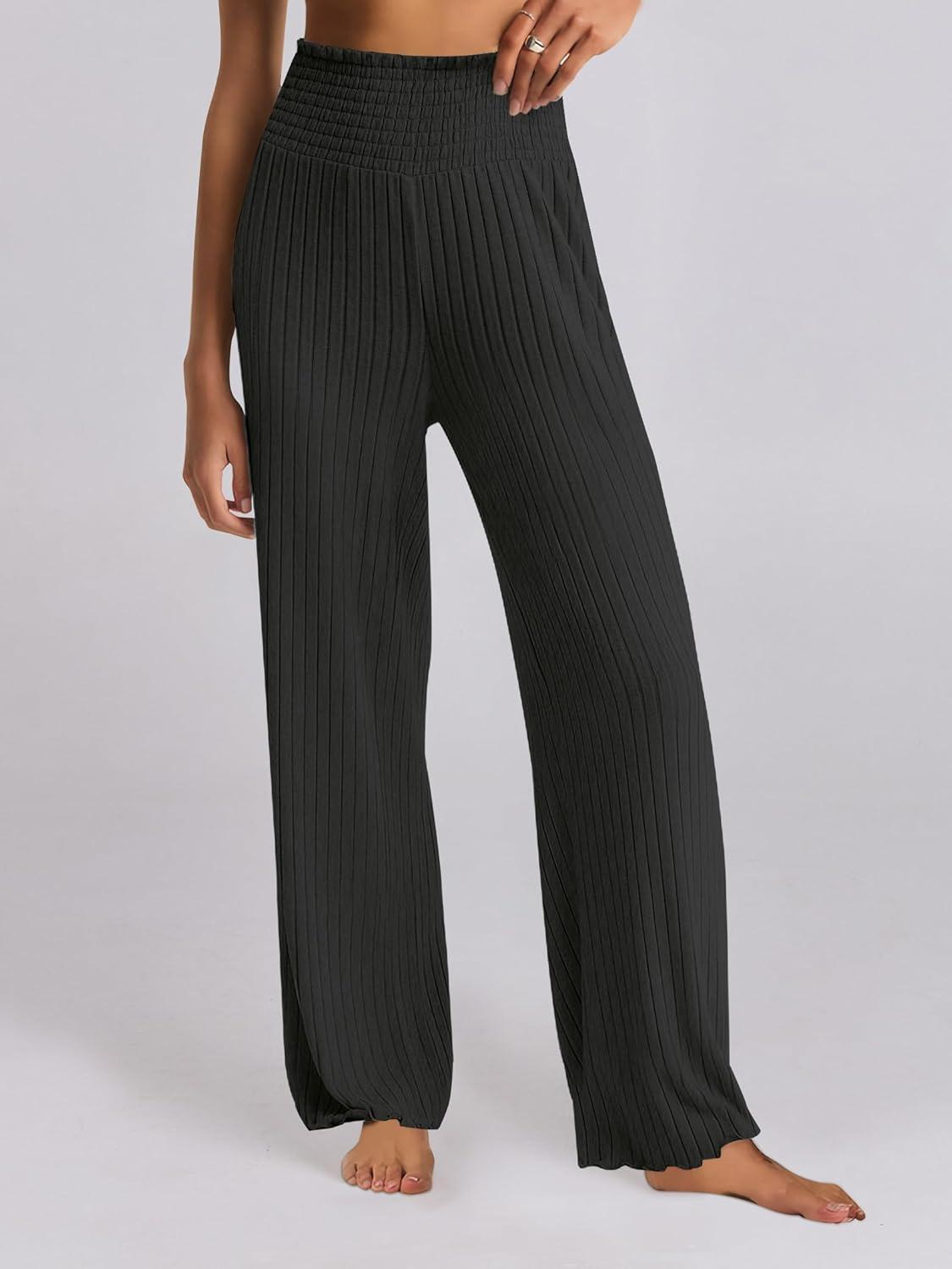 imageANRABESS Women 2 Piece Lounge Pajamas Sets Casual Ribbed Knit Long Sleeve Top Pants Matching Set 2025 Fall Outfits ClothesBlack