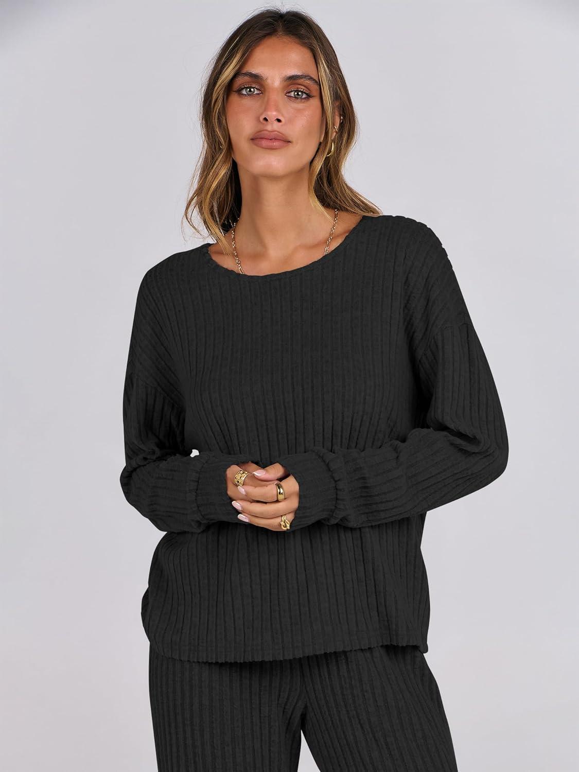 imageANRABESS Women 2 Piece Lounge Pajamas Sets Casual Ribbed Knit Long Sleeve Top Pants Matching Set 2025 Fall Outfits ClothesBlack