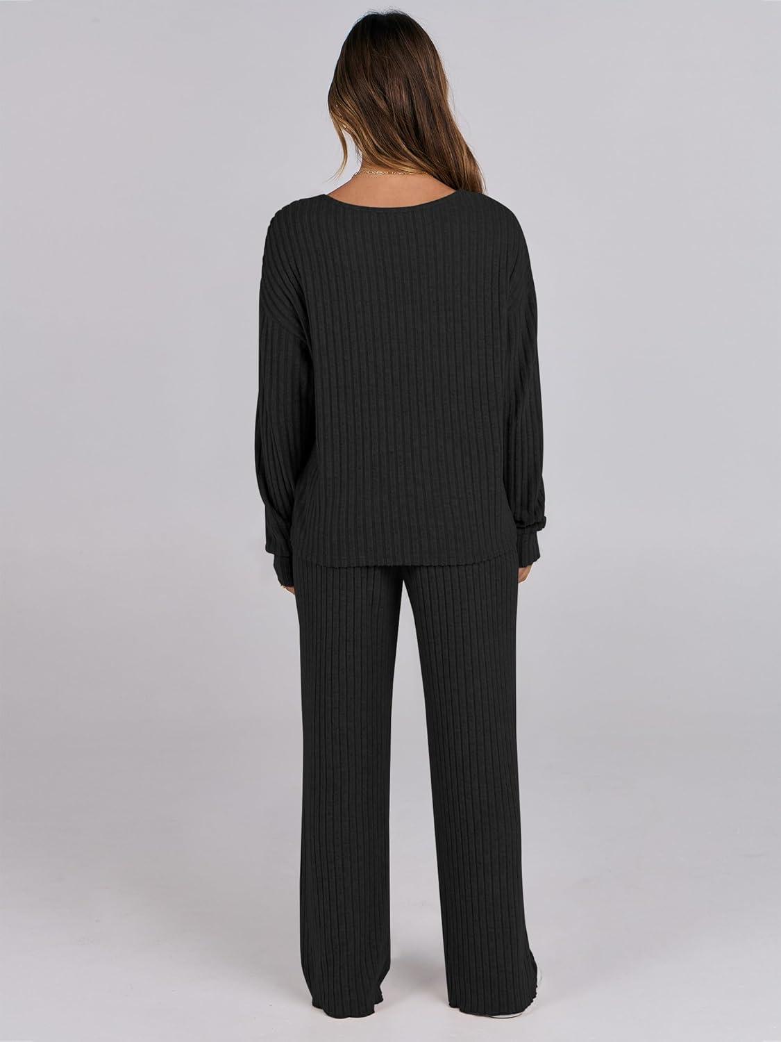 imageANRABESS Women 2 Piece Lounge Pajamas Sets Casual Ribbed Knit Long Sleeve Top Pants Matching Set 2025 Fall Outfits ClothesBlack