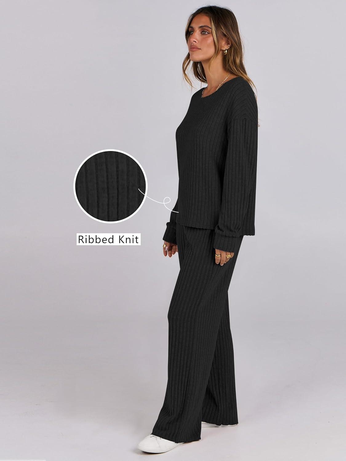 imageANRABESS Women 2 Piece Lounge Pajamas Sets Casual Ribbed Knit Long Sleeve Top Pants Matching Set 2025 Fall Outfits ClothesBlack