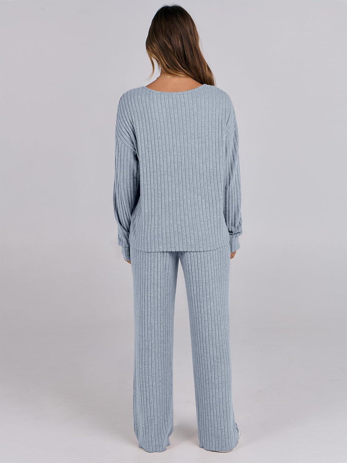 imageANRABESS Women 2 Piece Lounge Pajamas Sets Casual Ribbed Knit Long Sleeve Top Pants Matching Set 2025 Fall Outfits ClothesBlue