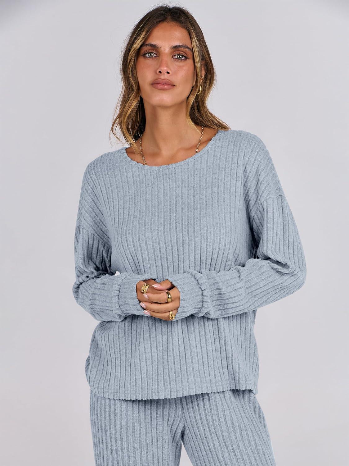imageANRABESS Women 2 Piece Lounge Pajamas Sets Casual Ribbed Knit Long Sleeve Top Pants Matching Set 2025 Fall Outfits ClothesBlue