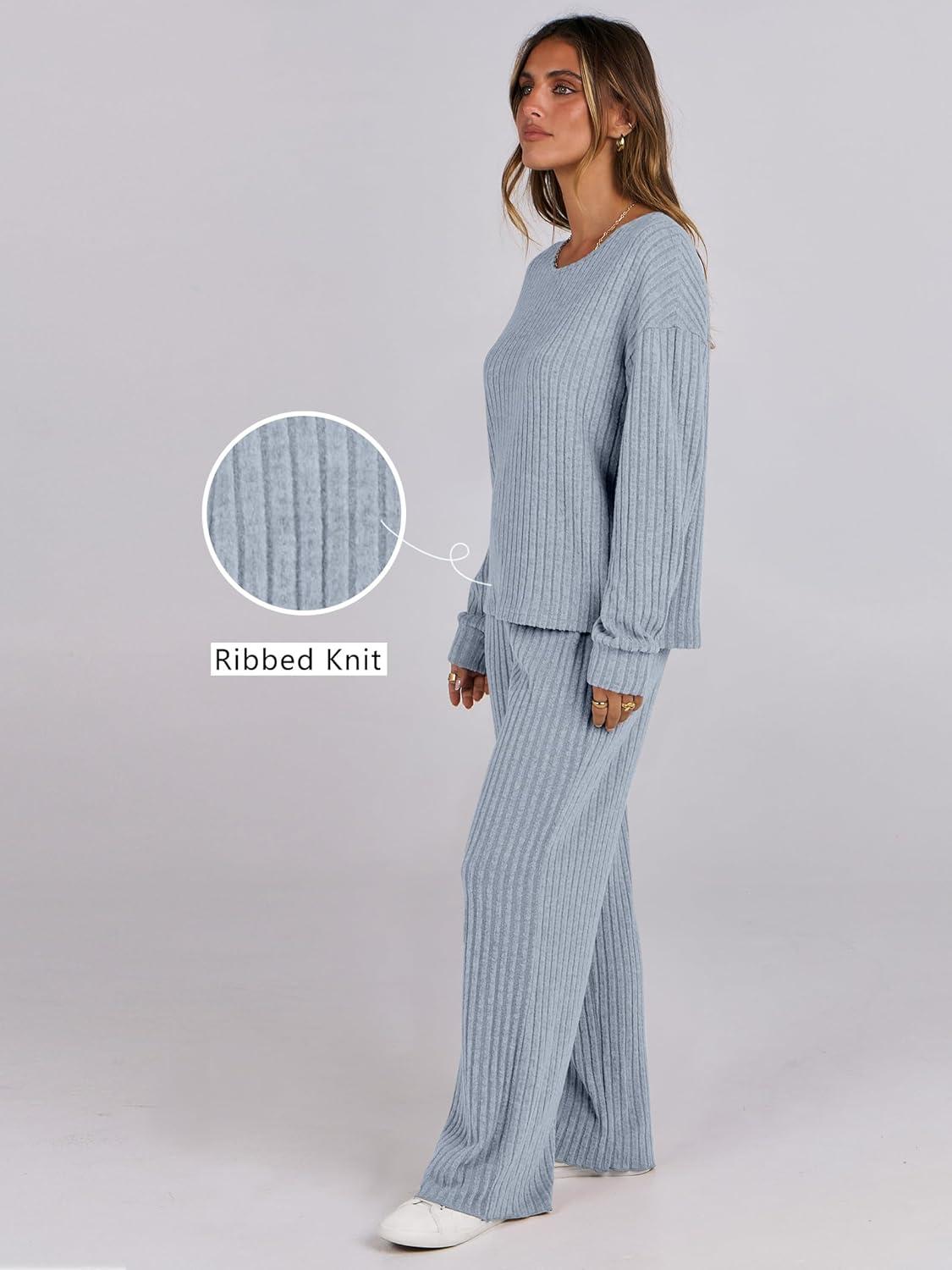 imageANRABESS Women 2 Piece Lounge Pajamas Sets Casual Ribbed Knit Long Sleeve Top Pants Matching Set 2025 Fall Outfits ClothesBlue