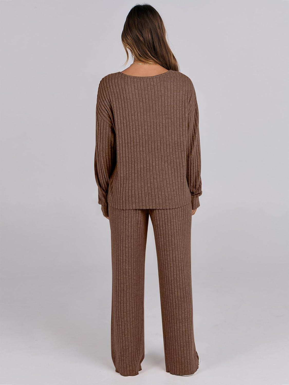 imageANRABESS Women 2 Piece Lounge Pajamas Sets Casual Ribbed Knit Long Sleeve Top Pants Matching Set 2025 Fall Outfits ClothesBrown