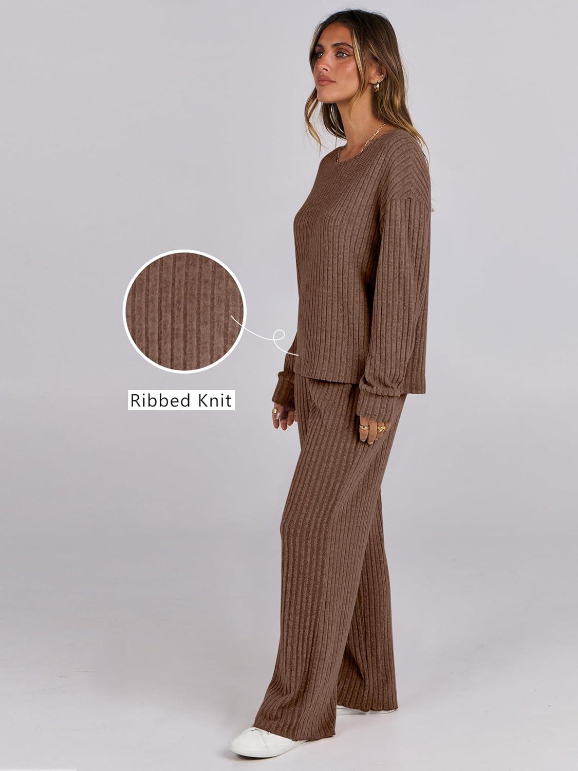 imageANRABESS Women 2 Piece Lounge Pajamas Sets Casual Ribbed Knit Long Sleeve Top Pants Matching Set 2025 Fall Outfits ClothesBrown
