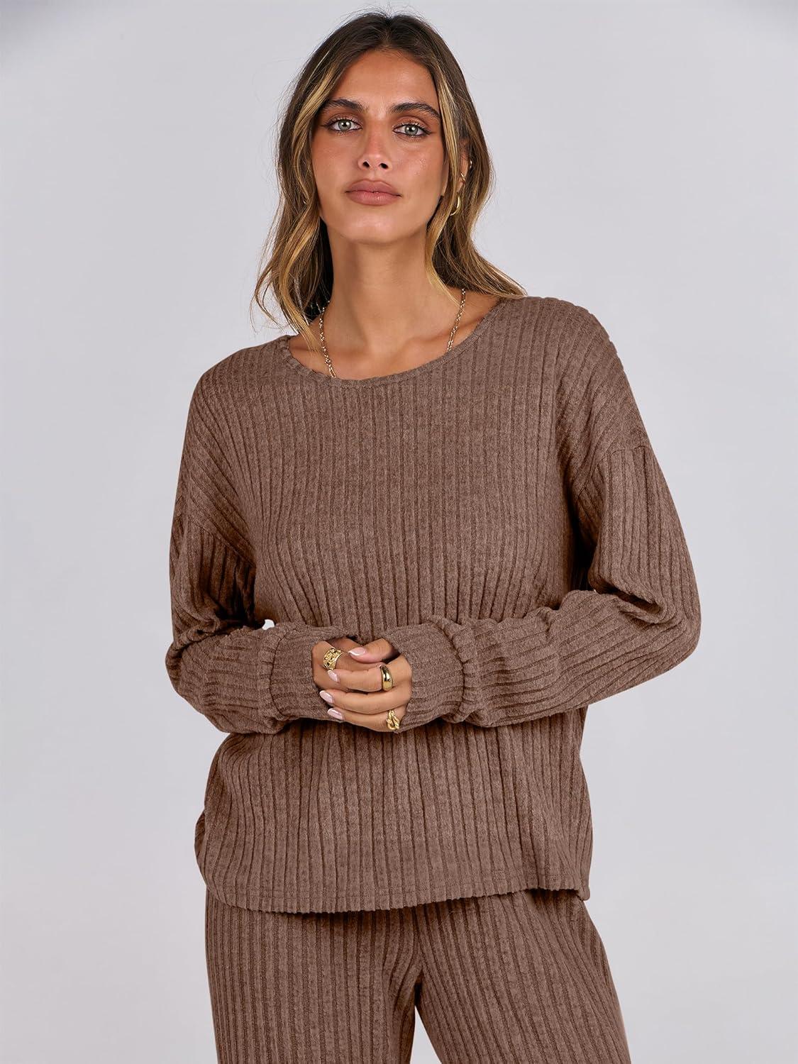 imageANRABESS Women 2 Piece Lounge Pajamas Sets Casual Ribbed Knit Long Sleeve Top Pants Matching Set 2025 Fall Outfits ClothesBrown