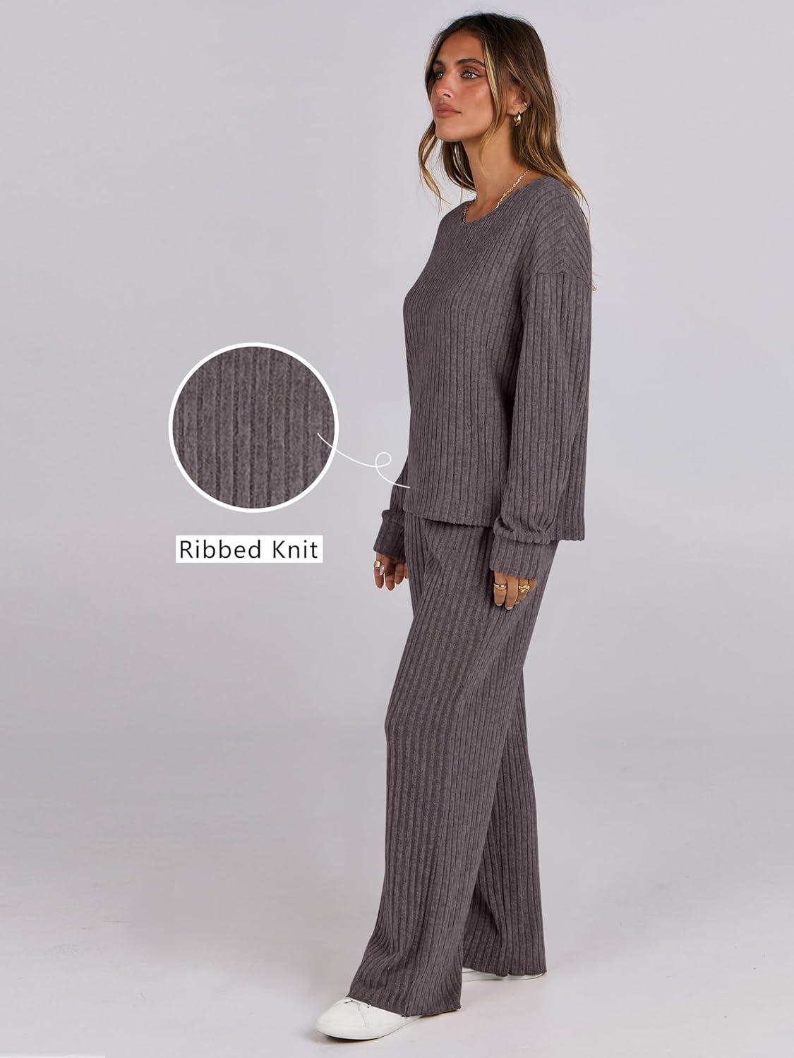 imageANRABESS Women 2 Piece Lounge Pajamas Sets Casual Ribbed Knit Long Sleeve Top Pants Matching Set 2025 Fall Outfits ClothesDark Brown