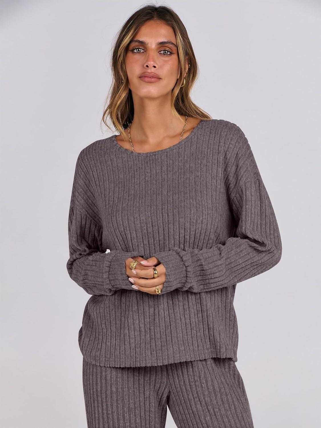 imageANRABESS Women 2 Piece Lounge Pajamas Sets Casual Ribbed Knit Long Sleeve Top Pants Matching Set 2025 Fall Outfits ClothesDark Brown