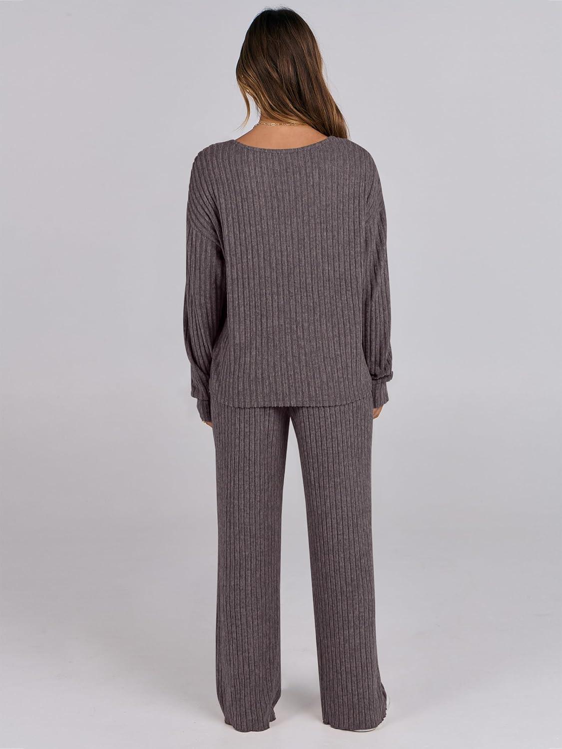 imageANRABESS Women 2 Piece Lounge Pajamas Sets Casual Ribbed Knit Long Sleeve Top Pants Matching Set 2025 Fall Outfits ClothesDark Brown