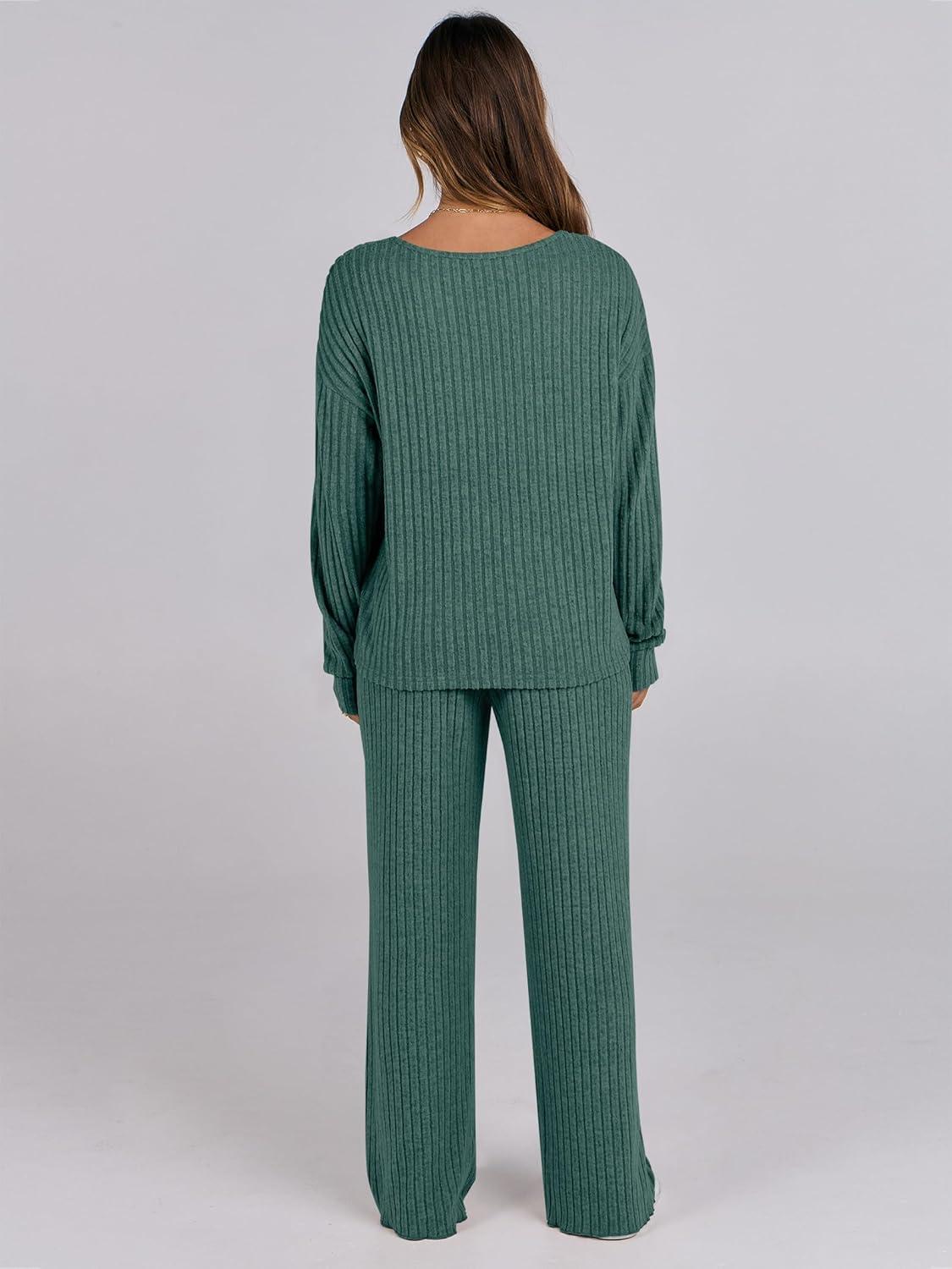 imageANRABESS Women 2 Piece Lounge Pajamas Sets Casual Ribbed Knit Long Sleeve Top Pants Matching Set 2025 Fall Outfits ClothesGreen