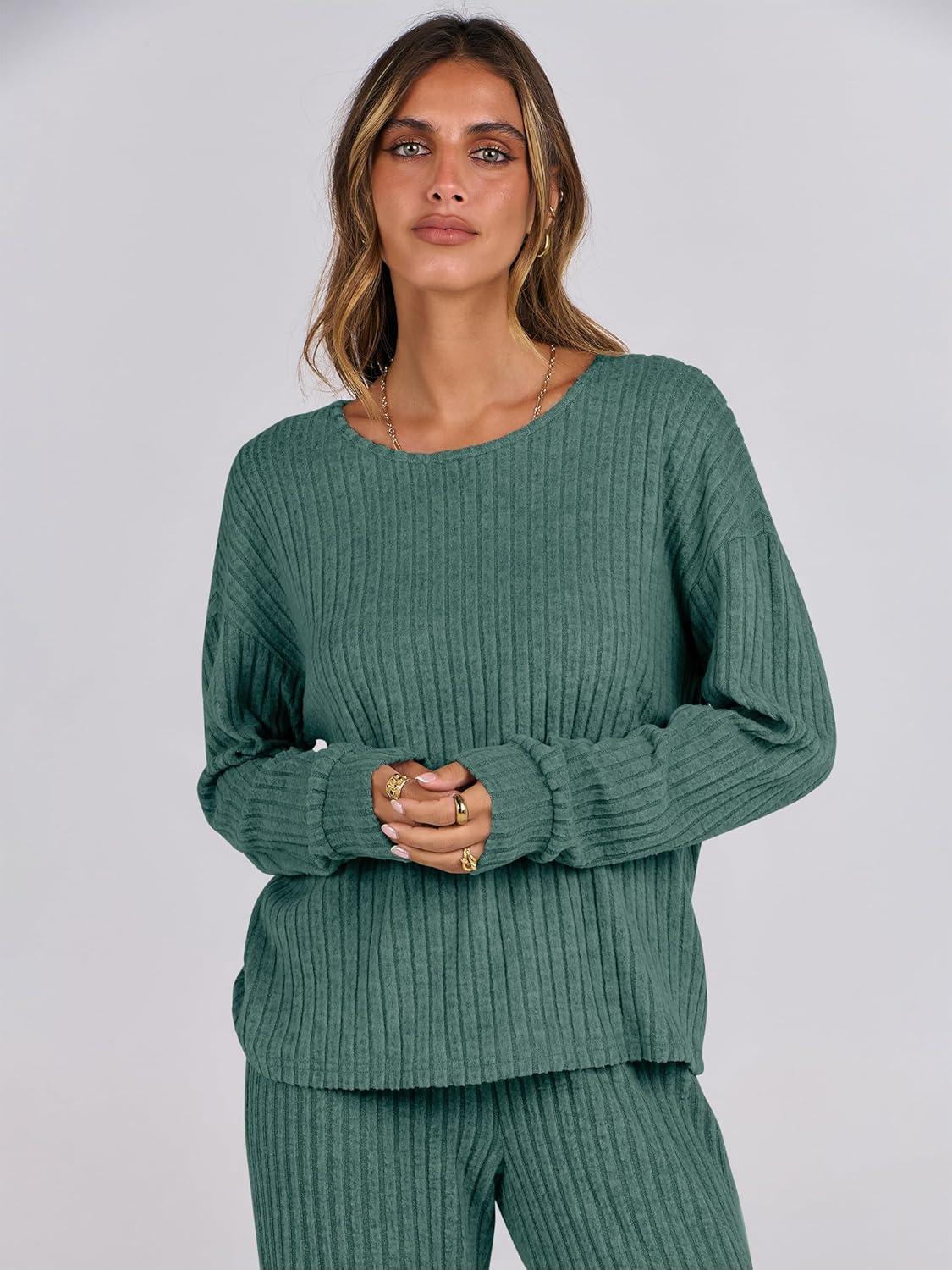 imageANRABESS Women 2 Piece Lounge Pajamas Sets Casual Ribbed Knit Long Sleeve Top Pants Matching Set 2025 Fall Outfits ClothesGreen