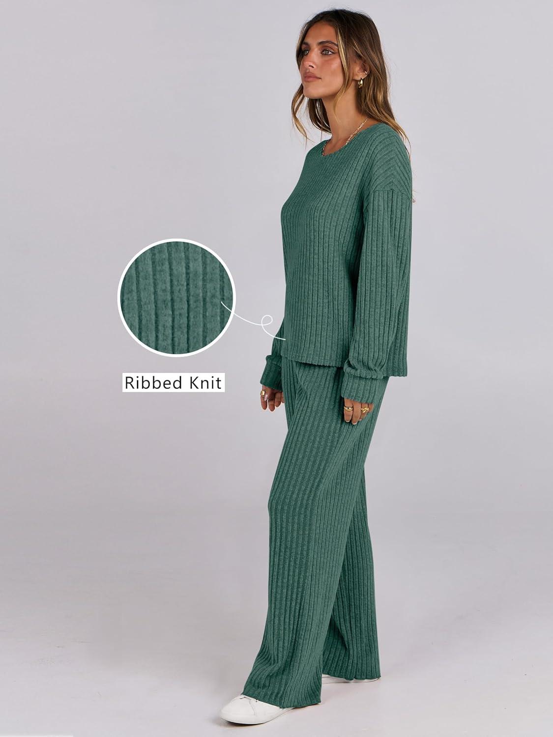 imageANRABESS Women 2 Piece Lounge Pajamas Sets Casual Ribbed Knit Long Sleeve Top Pants Matching Set 2025 Fall Outfits ClothesGreen