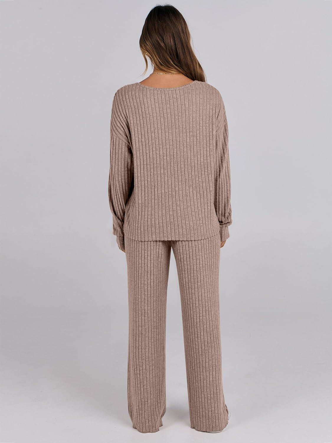 imageANRABESS Women 2 Piece Lounge Pajamas Sets Casual Ribbed Knit Long Sleeve Top Pants Matching Set 2025 Fall Outfits ClothesKhaki