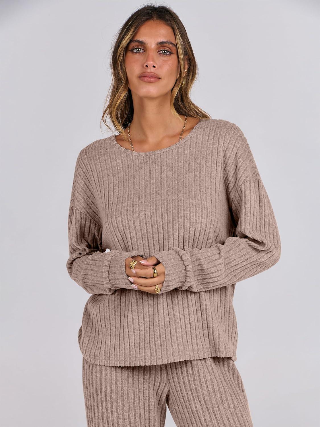 imageANRABESS Women 2 Piece Lounge Pajamas Sets Casual Ribbed Knit Long Sleeve Top Pants Matching Set 2025 Fall Outfits ClothesKhaki