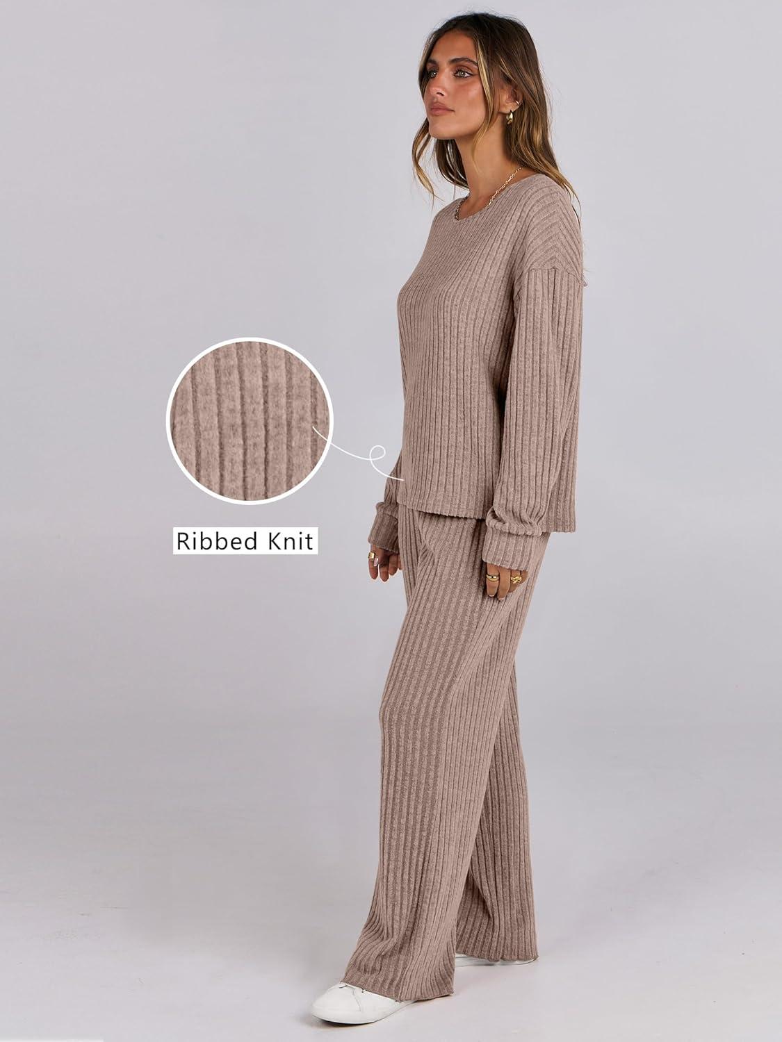 imageANRABESS Women 2 Piece Lounge Pajamas Sets Casual Ribbed Knit Long Sleeve Top Pants Matching Set 2025 Fall Outfits ClothesKhaki