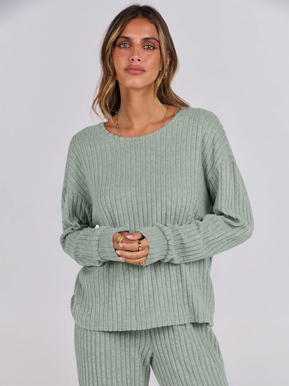 imageANRABESS Women 2 Piece Lounge Pajamas Sets Casual Ribbed Knit Long Sleeve Top Pants Matching Set 2025 Fall Outfits ClothesLight Green