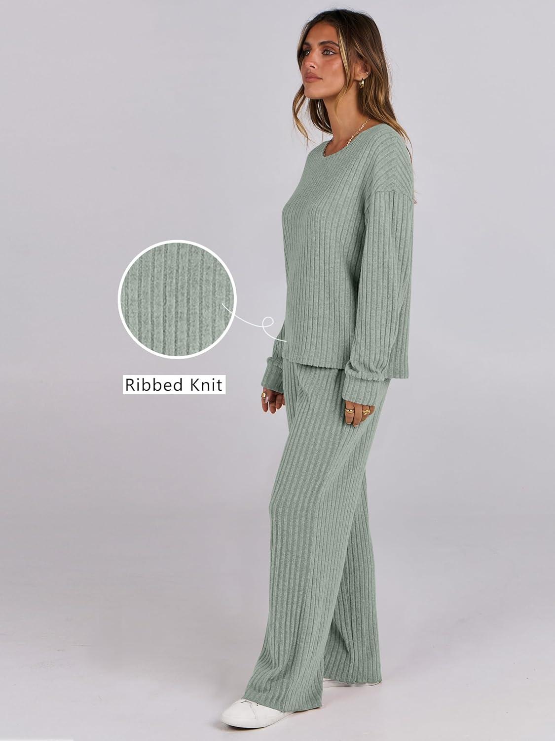 imageANRABESS Women 2 Piece Lounge Pajamas Sets Casual Ribbed Knit Long Sleeve Top Pants Matching Set 2025 Fall Outfits ClothesLight Green