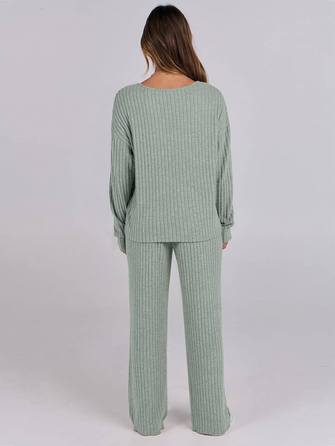 imageANRABESS Women 2 Piece Lounge Pajamas Sets Casual Ribbed Knit Long Sleeve Top Pants Matching Set 2025 Fall Outfits ClothesLight Green