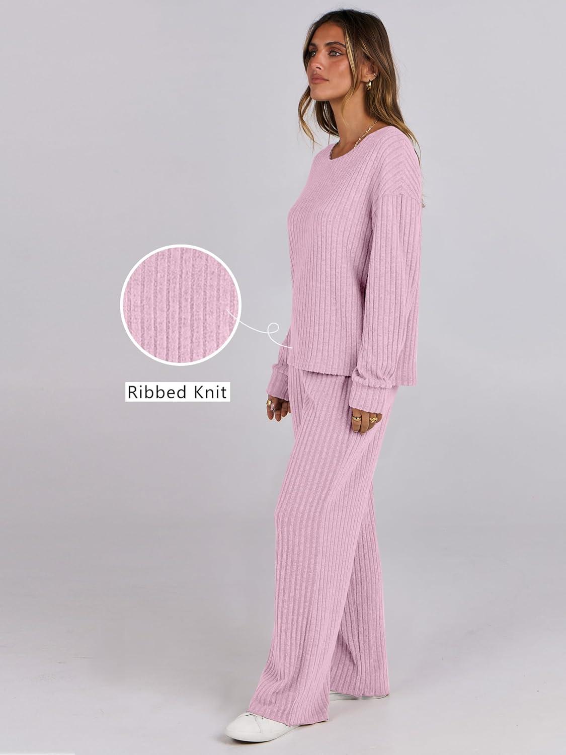 imageANRABESS Women 2 Piece Lounge Pajamas Sets Casual Ribbed Knit Long Sleeve Top Pants Matching Set 2025 Fall Outfits ClothesPink