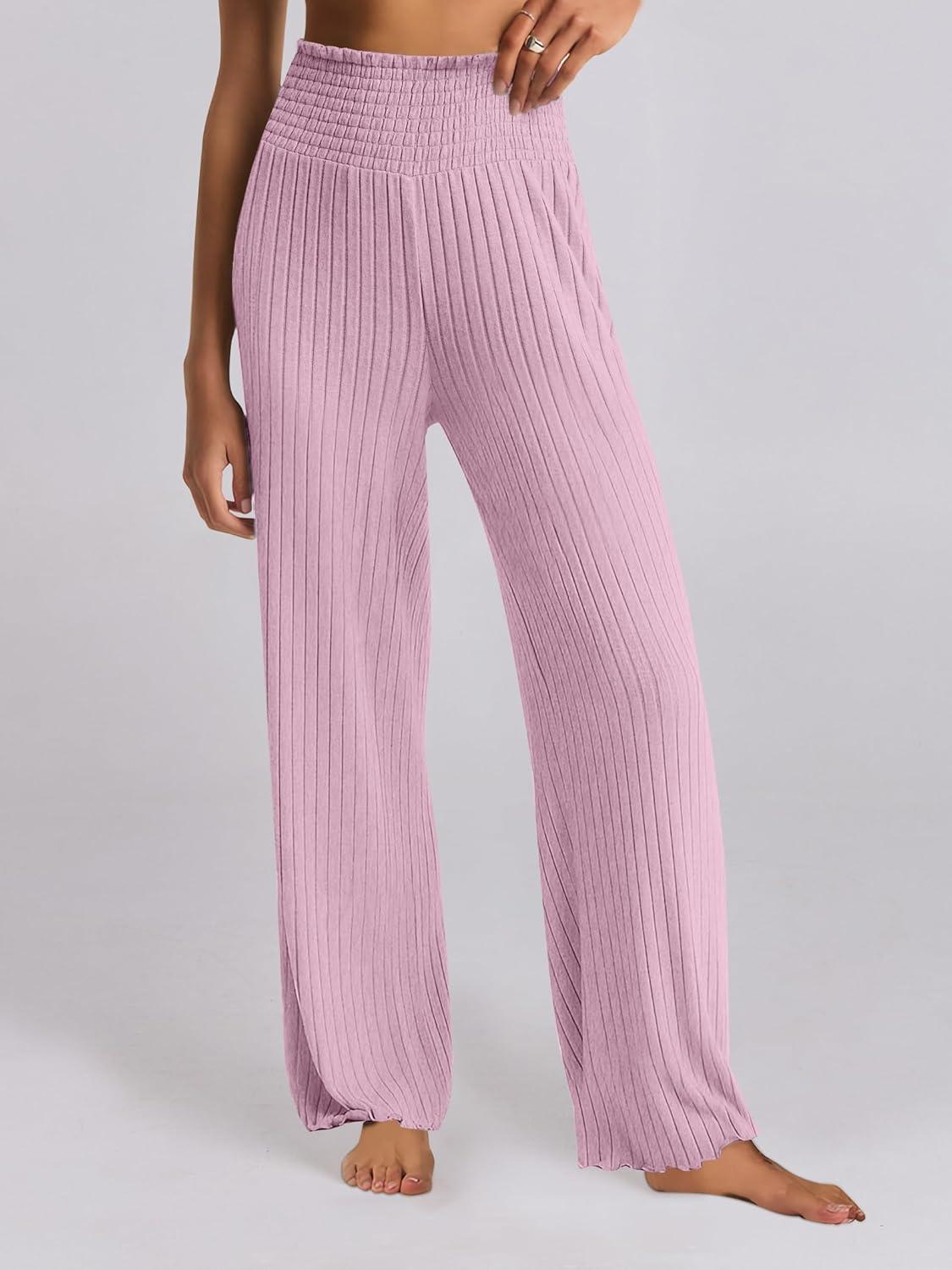 imageANRABESS Women 2 Piece Lounge Pajamas Sets Casual Ribbed Knit Long Sleeve Top Pants Matching Set 2025 Fall Outfits ClothesPink