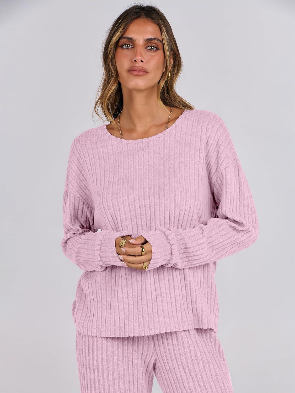 imageANRABESS Women 2 Piece Lounge Pajamas Sets Casual Ribbed Knit Long Sleeve Top Pants Matching Set 2025 Fall Outfits ClothesPink
