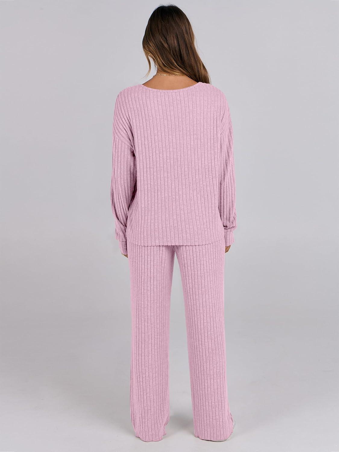 imageANRABESS Women 2 Piece Lounge Pajamas Sets Casual Ribbed Knit Long Sleeve Top Pants Matching Set 2025 Fall Outfits ClothesPink