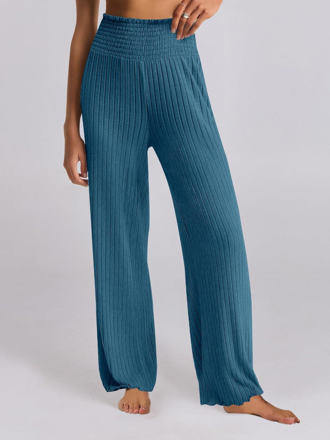 imageANRABESS Women 2 Piece Lounge Pajamas Sets Casual Ribbed Knit Long Sleeve Top Pants Matching Set 2025 Fall Outfits ClothesTeal