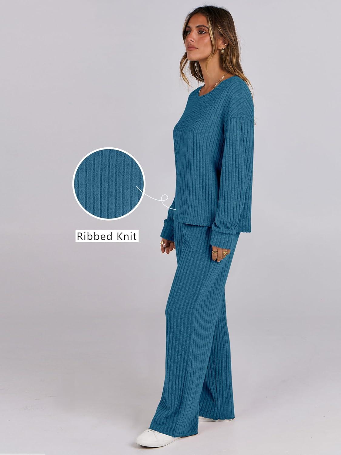 imageANRABESS Women 2 Piece Lounge Pajamas Sets Casual Ribbed Knit Long Sleeve Top Pants Matching Set 2025 Fall Outfits ClothesTeal