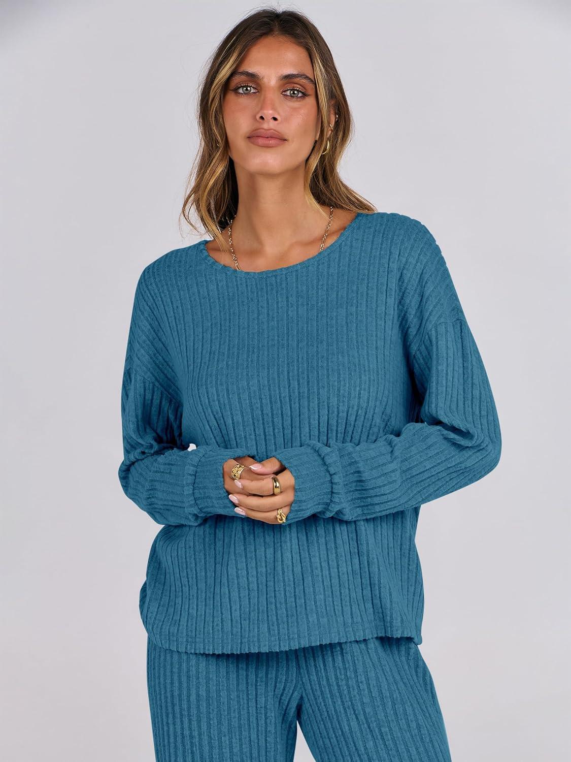 imageANRABESS Women 2 Piece Lounge Pajamas Sets Casual Ribbed Knit Long Sleeve Top Pants Matching Set 2025 Fall Outfits ClothesTeal