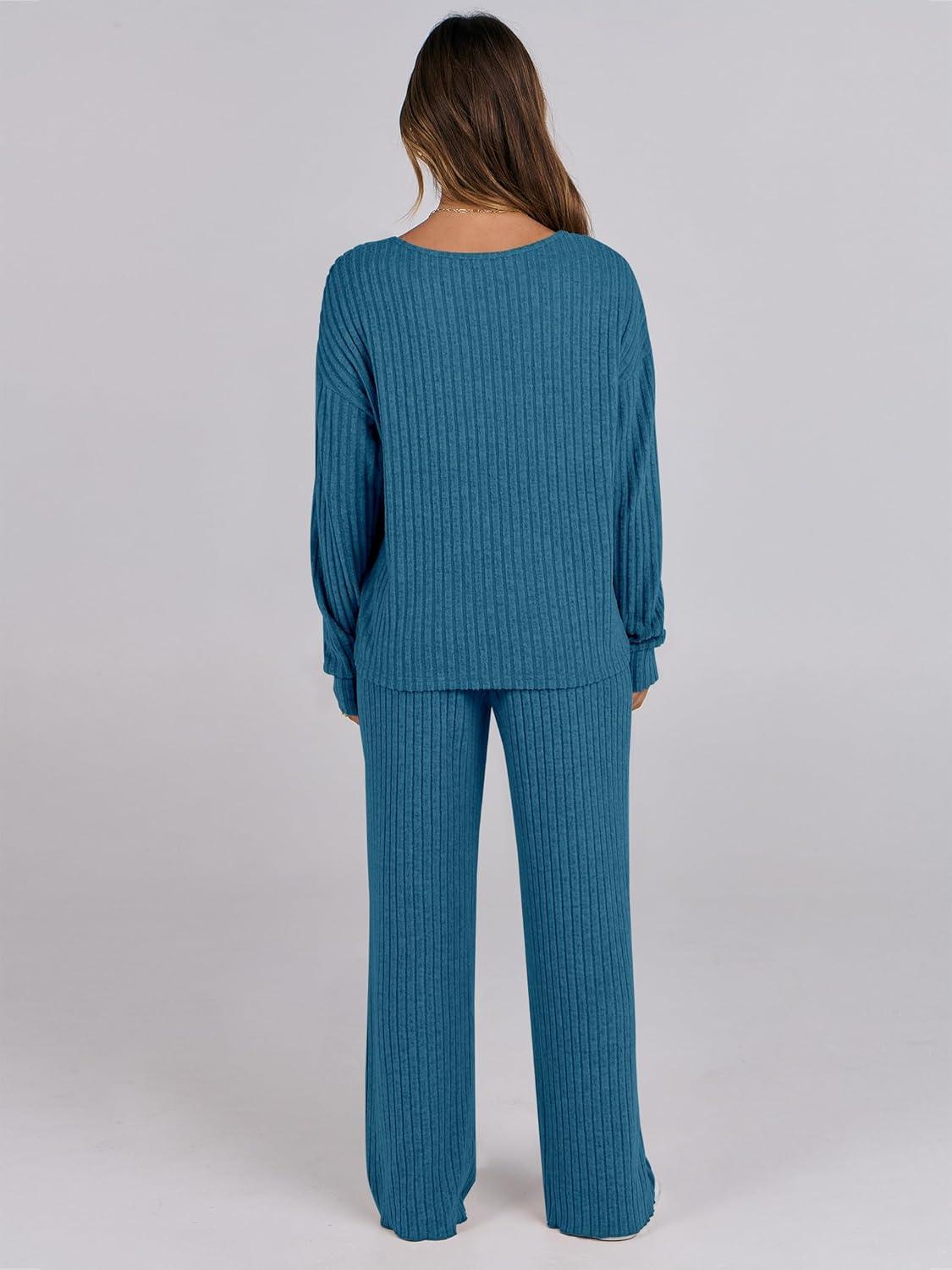 imageANRABESS Women 2 Piece Lounge Pajamas Sets Casual Ribbed Knit Long Sleeve Top Pants Matching Set 2025 Fall Outfits ClothesTeal