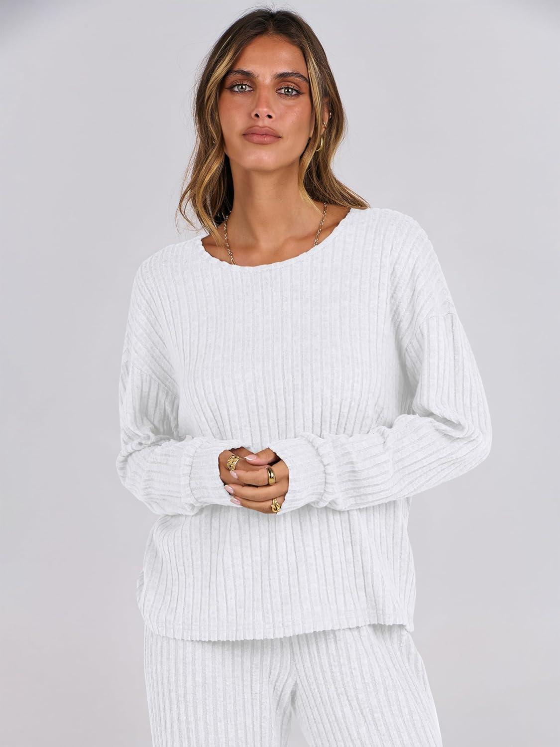 imageANRABESS Women 2 Piece Lounge Pajamas Sets Casual Ribbed Knit Long Sleeve Top Pants Matching Set 2025 Fall Outfits ClothesWhite