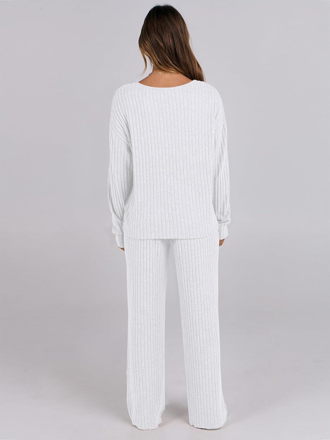 imageANRABESS Women 2 Piece Lounge Pajamas Sets Casual Ribbed Knit Long Sleeve Top Pants Matching Set 2025 Fall Outfits ClothesWhite