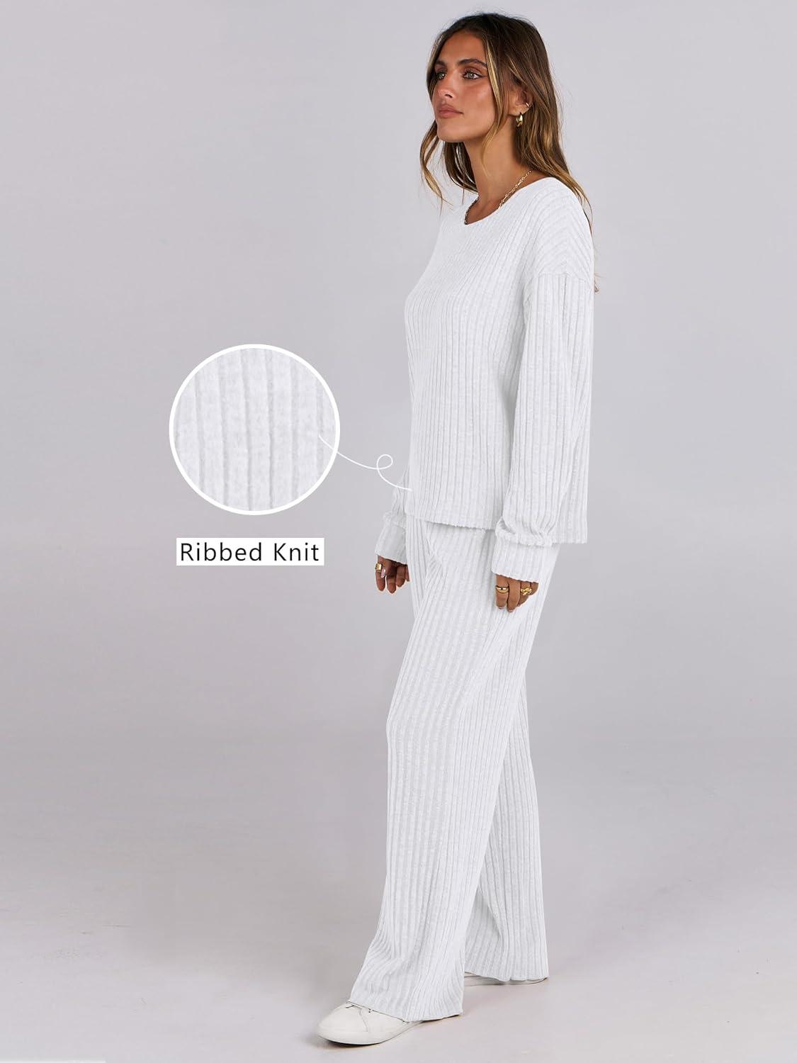imageANRABESS Women 2 Piece Lounge Pajamas Sets Casual Ribbed Knit Long Sleeve Top Pants Matching Set 2025 Fall Outfits ClothesWhite