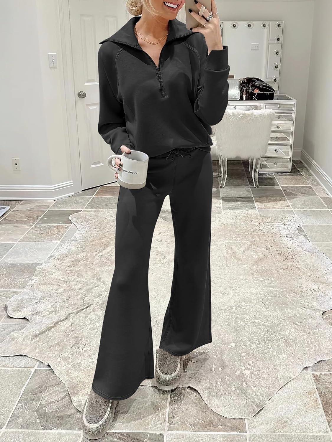 imageANRABESS Women 2 Piece Outfits 2025 Fall Fashion Airport Wide Leg Pants Lounge Set Leisure Travel Vacation Clothes SweatsuitsBlack
