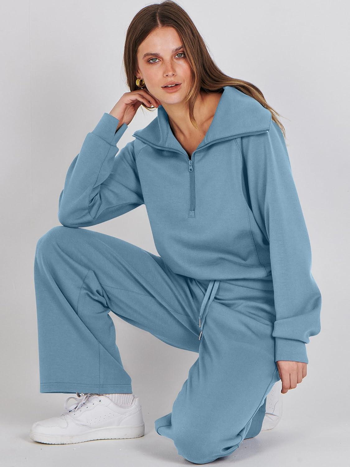 imageANRABESS Women 2 Piece Outfits 2025 Fall Fashion Airport Wide Leg Pants Lounge Set Leisure Travel Vacation Clothes SweatsuitsBlue