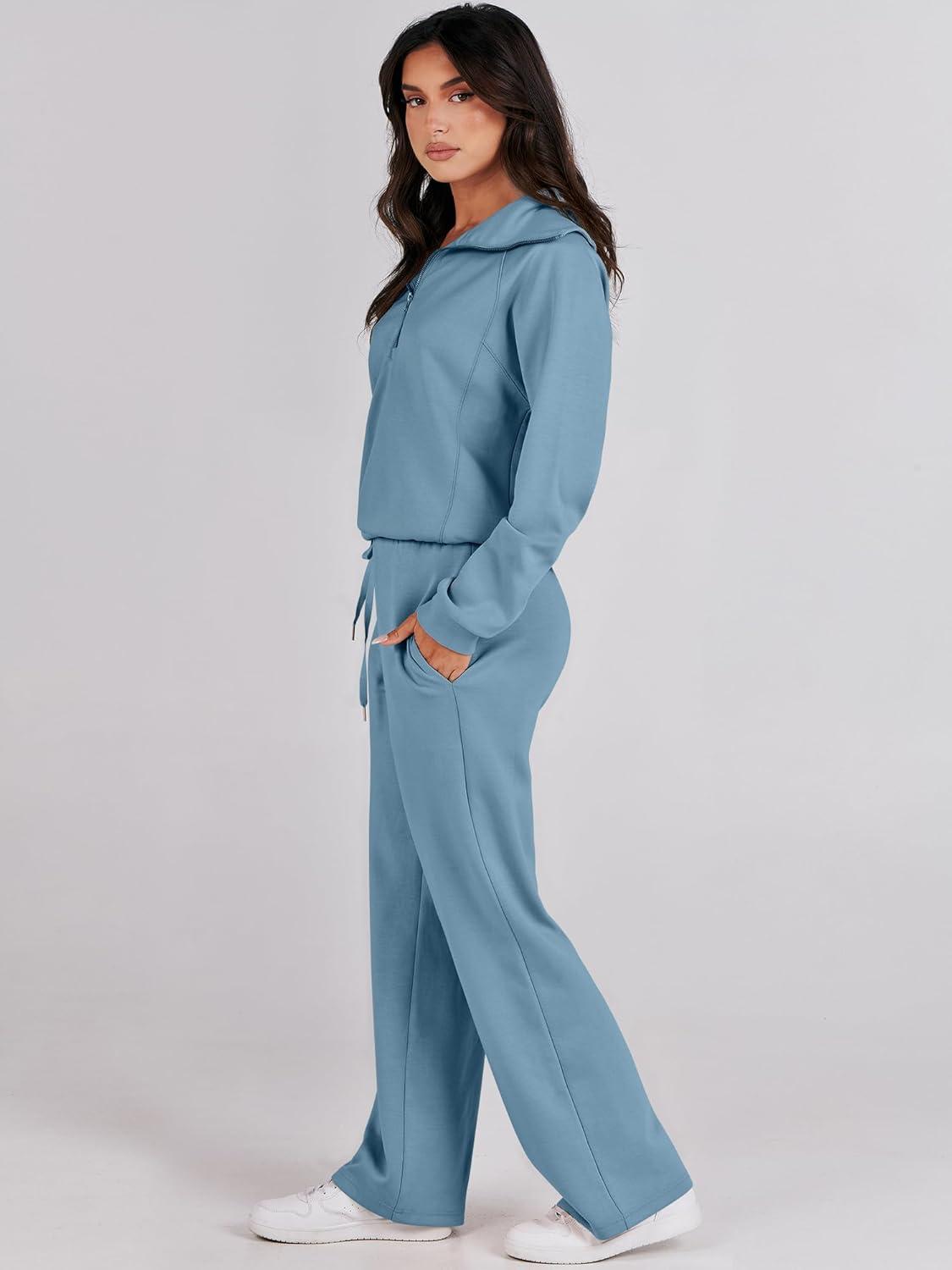 imageANRABESS Women 2 Piece Outfits 2025 Fall Fashion Airport Wide Leg Pants Lounge Set Leisure Travel Vacation Clothes SweatsuitsBlue