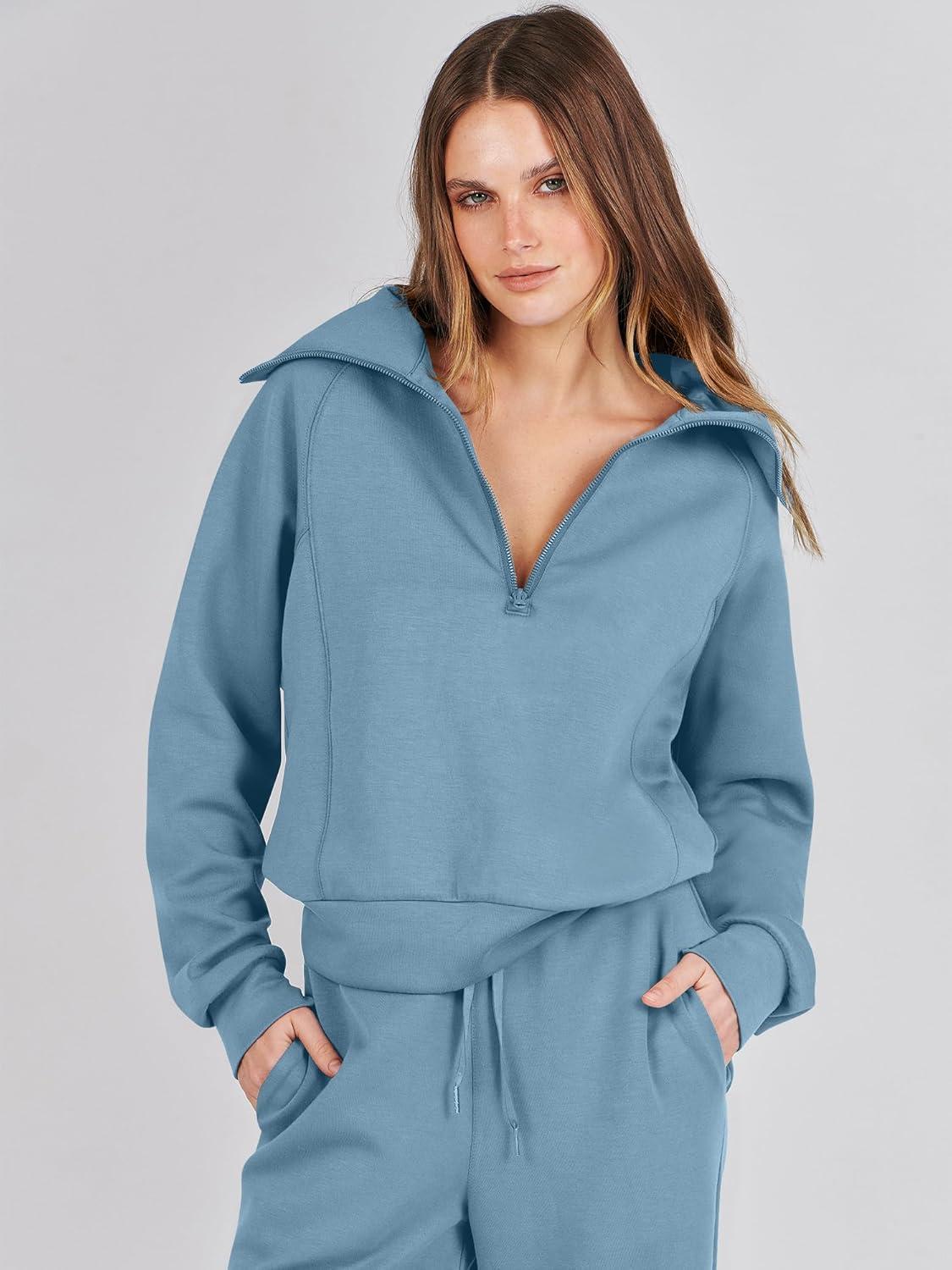 imageANRABESS Women 2 Piece Outfits 2025 Fall Fashion Airport Wide Leg Pants Lounge Set Leisure Travel Vacation Clothes SweatsuitsBlue