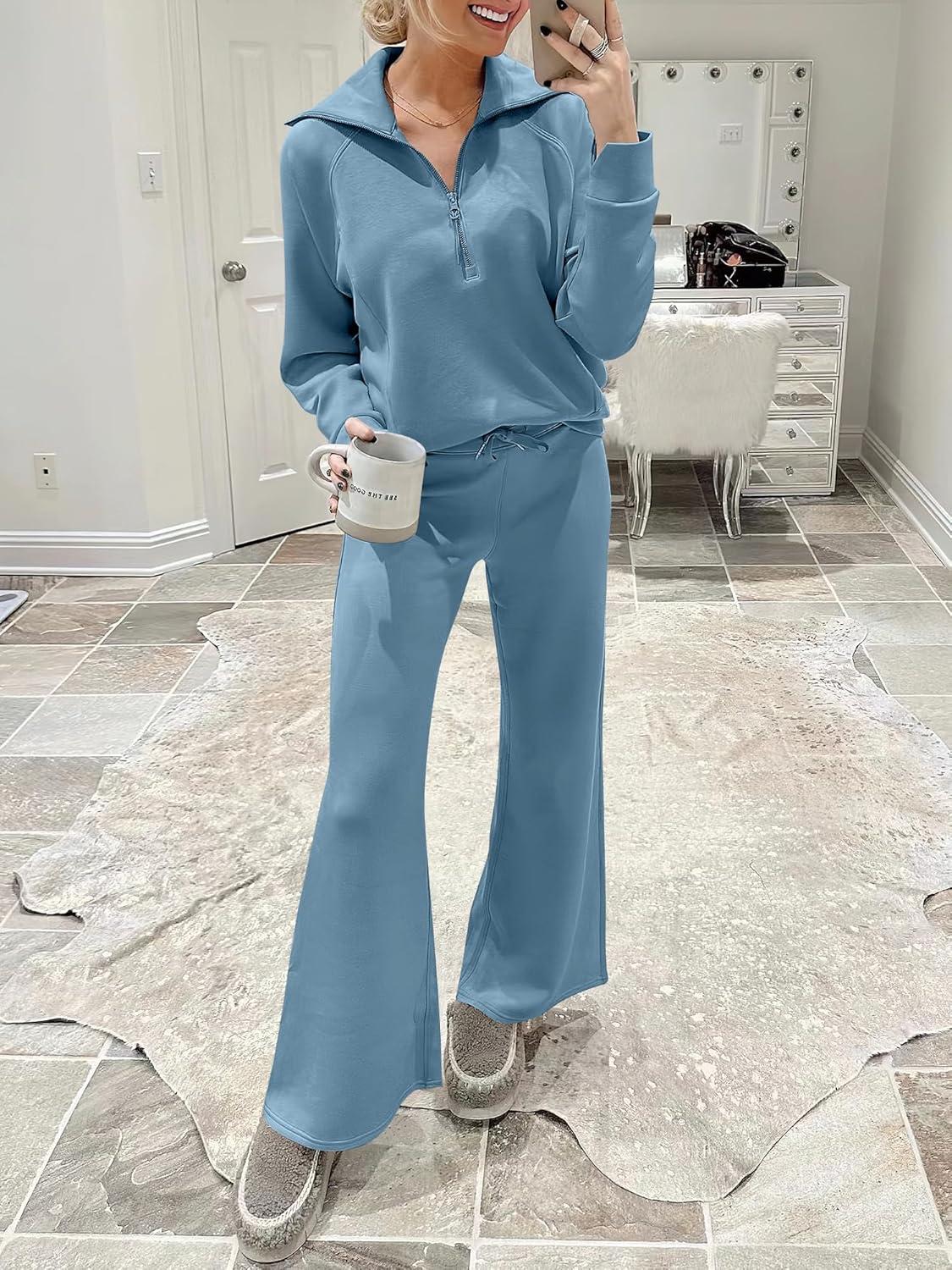 imageANRABESS Women 2 Piece Outfits 2025 Fall Fashion Airport Wide Leg Pants Lounge Set Leisure Travel Vacation Clothes SweatsuitsBlue